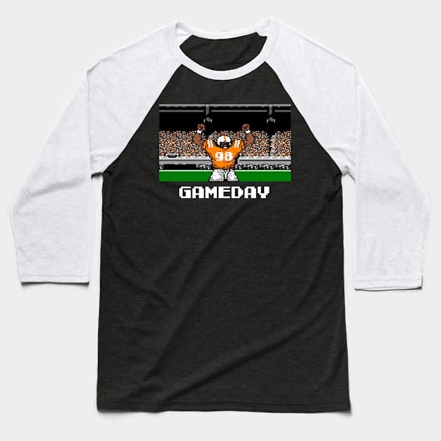 Orange and White Football Gameday Retro 8 Bit Linebacker Baseball T-Shirt by SLAG_Creative